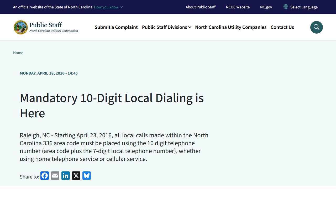Forsyth County phone area code 336 and 743 mandatory 10-digit dialing source